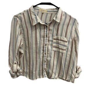 Love Notes Womens Sz Large Striped Button-Down Cropped Shirt Beige Blue Brown